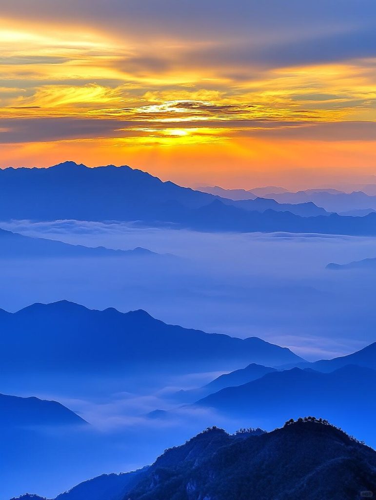 Mar de nubes sobre las montañas amarillas de Huangshan al amanecer