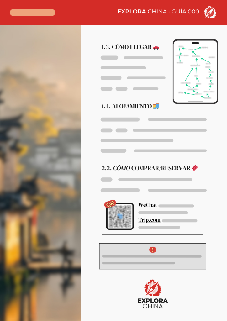 Plantilla de muestra de la Guía Explora China con información turistica útil de cada sitio turístico de China para tu itinerario en China